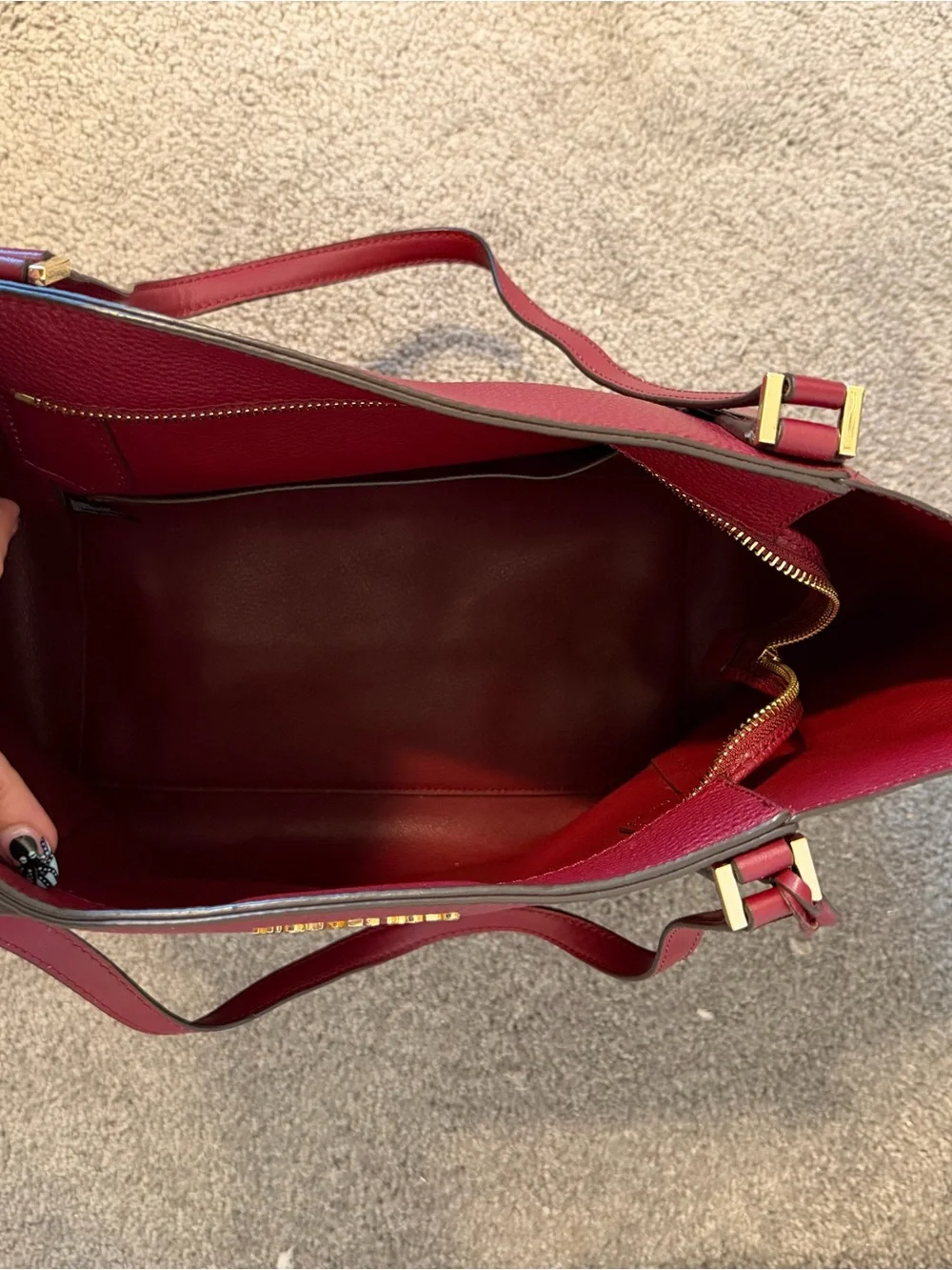 Michael Kors Wine Red Pebbled Leather Tote with Gold Logo Charm